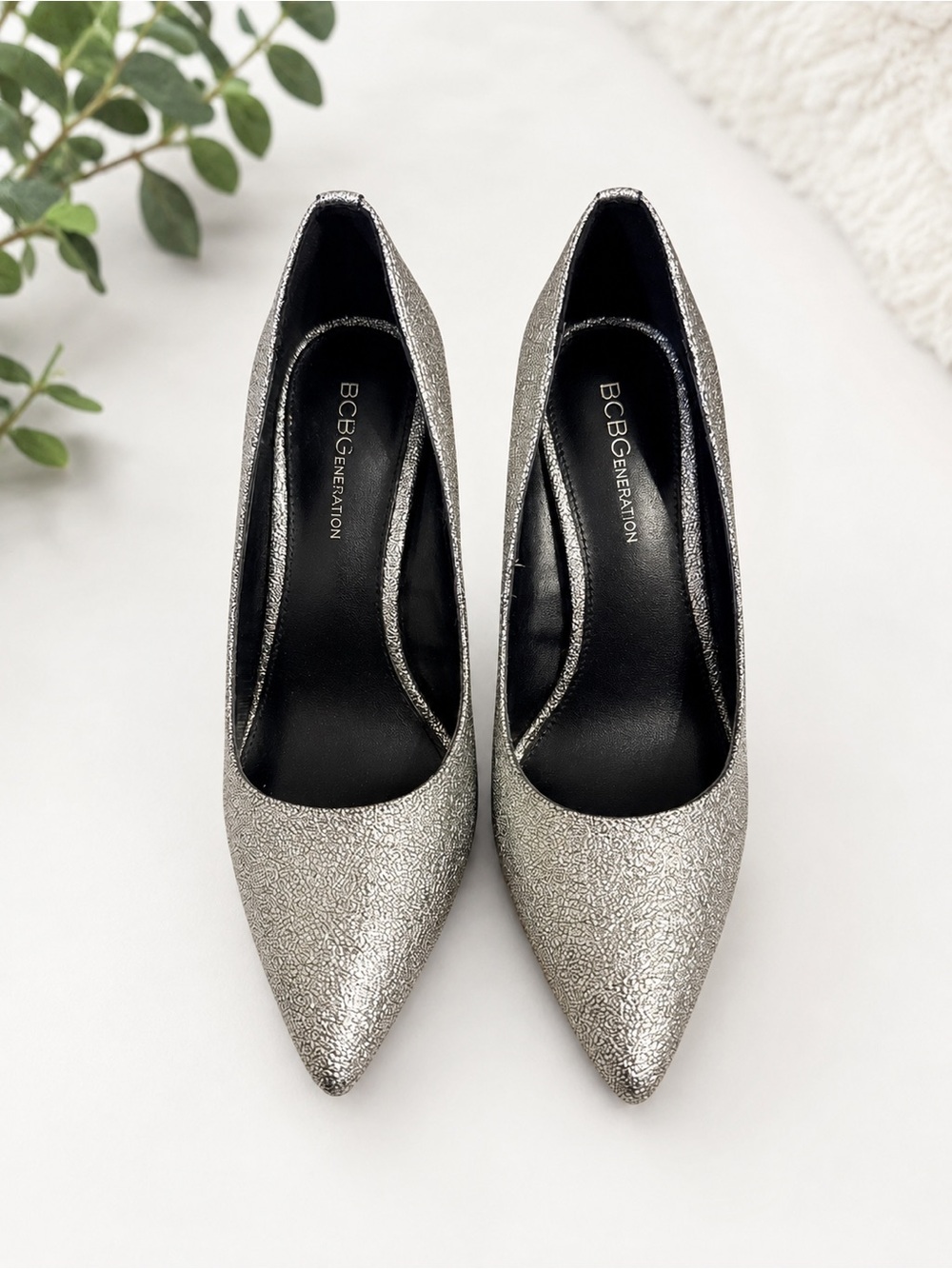 BCBGeneration Silver Glitter Pointed-Toe Pumps Size 7.5